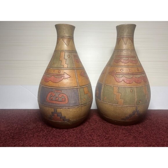 Signed Pottery Set Of 2 Aztec Mayan Wedding Vases Storytelling Matching - Picture 9 of 9